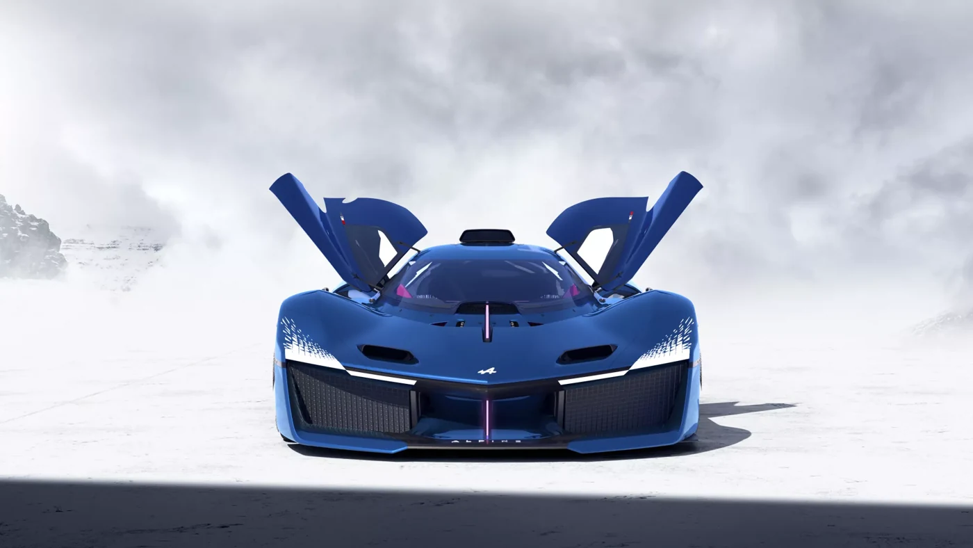 Prototype Alpine Alpenglow Hy6 bleu vu de face, portes relevées, sur un décor de montagne clair