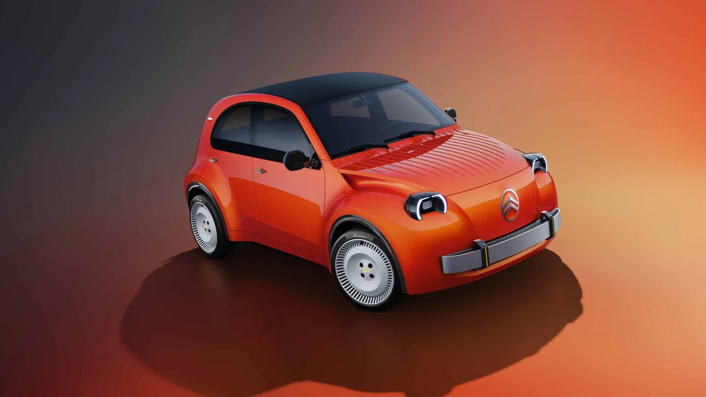 Citroën 2 CV Concept orange, vue de trois quarts avant sur un fond orange sombre ; visuel officiel du concept de 2026.